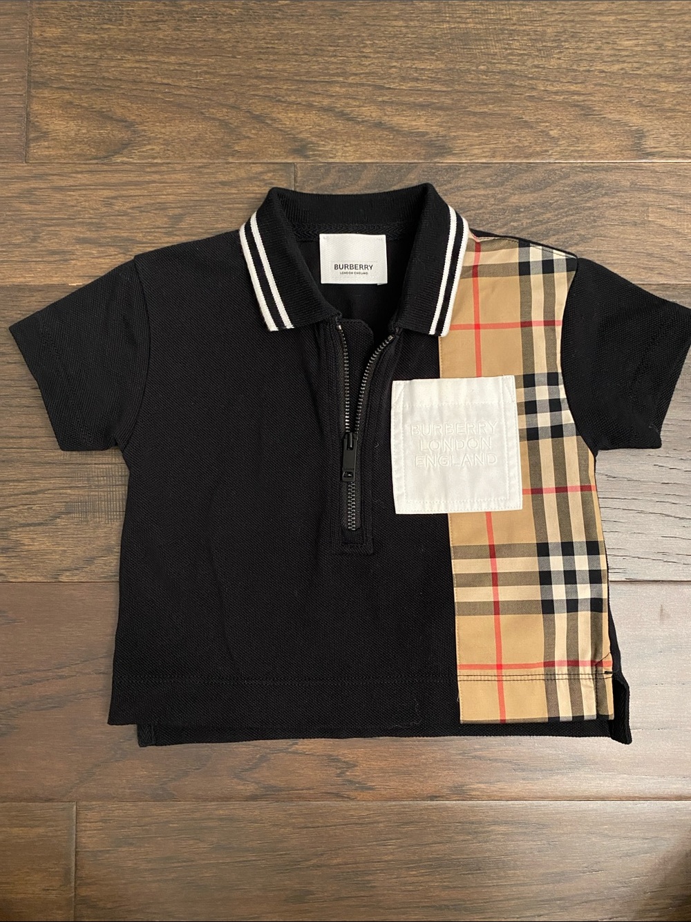 Burberry Black Polo with Signature Vintage Check Panel and White Patch